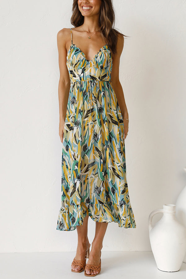 Women's Maxi Dress - Abstract Print - Plunging V-Neck - Spaghetti Straps - Flowing Fit