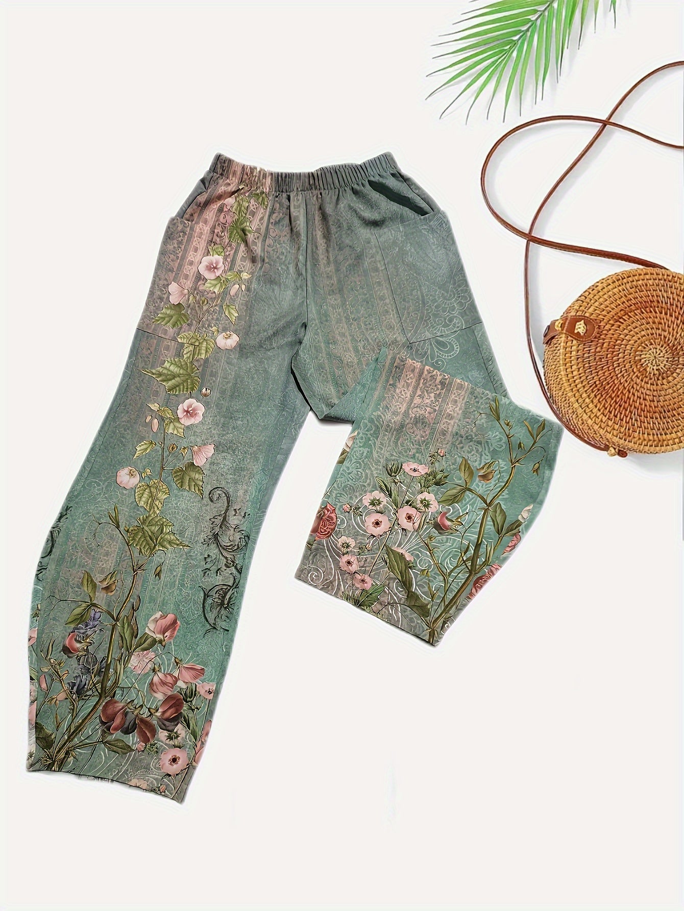 Green floral printed high-waist wide-leg casual pants for women