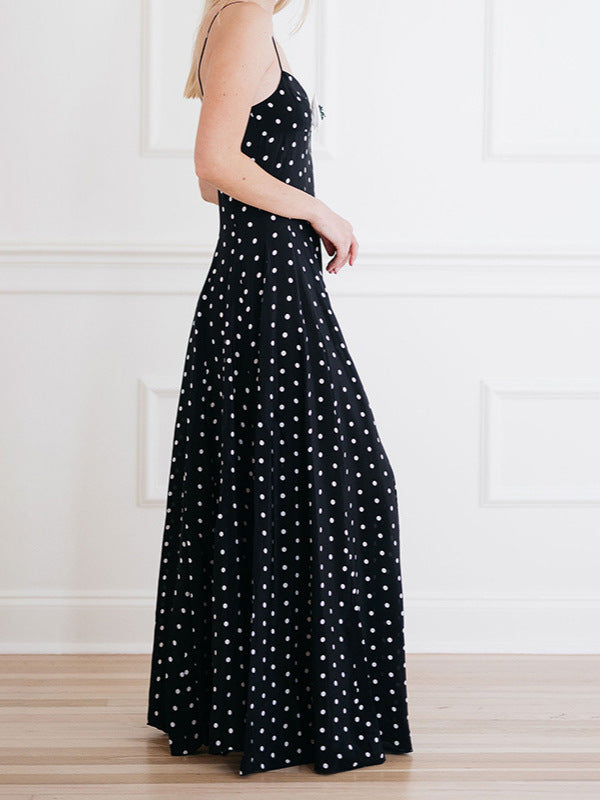 Polka dot V-neck sleeveless backless long dress for women