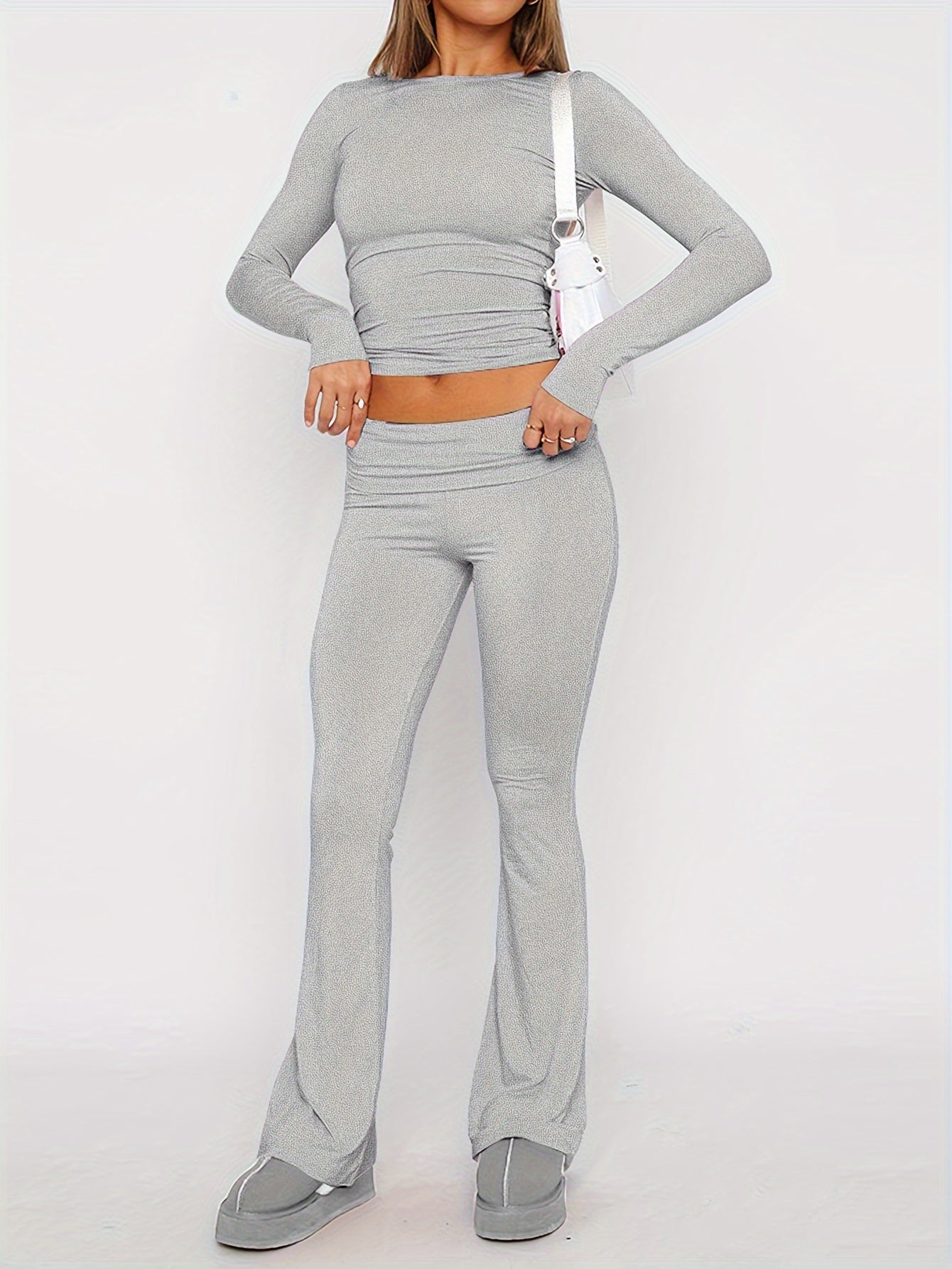Women’s Two-Piece Set - Long-Sleeve Crew Neck Top & Flared Pants - Slim Fit Casual Wear