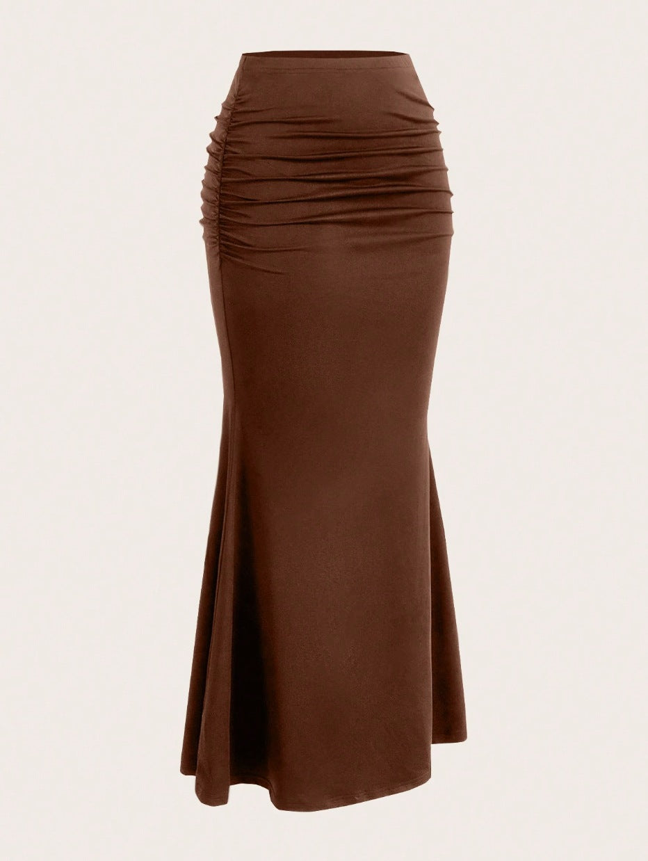 High-waisted ruched midi skirt with flared hem for women