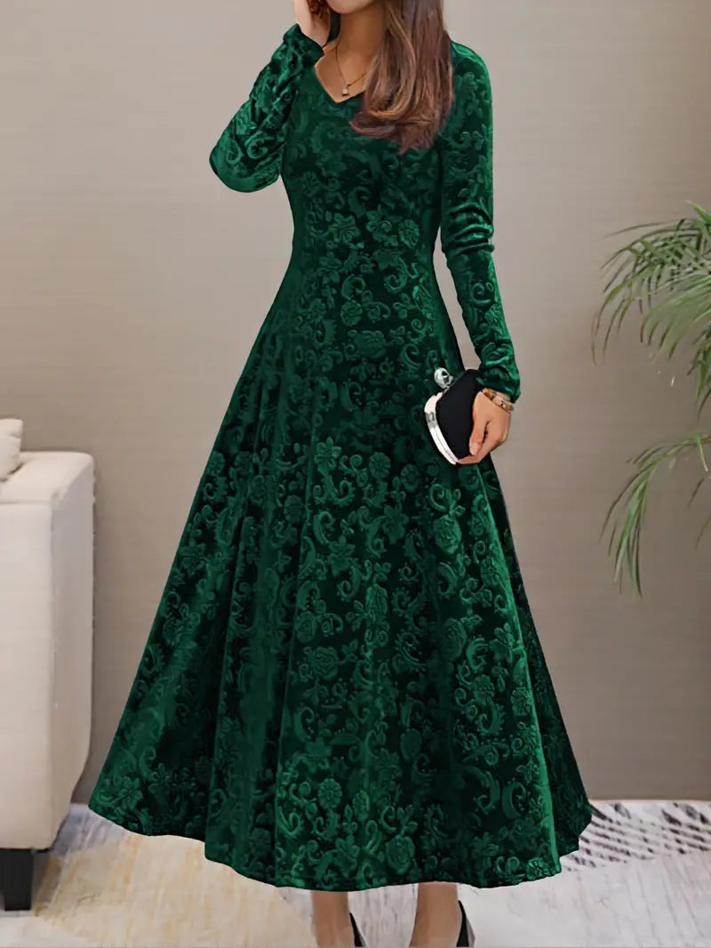 Women's Evening Dress - Velvet A-Line - V-Neck - Three-Quarter Sleeve - Maxi Length