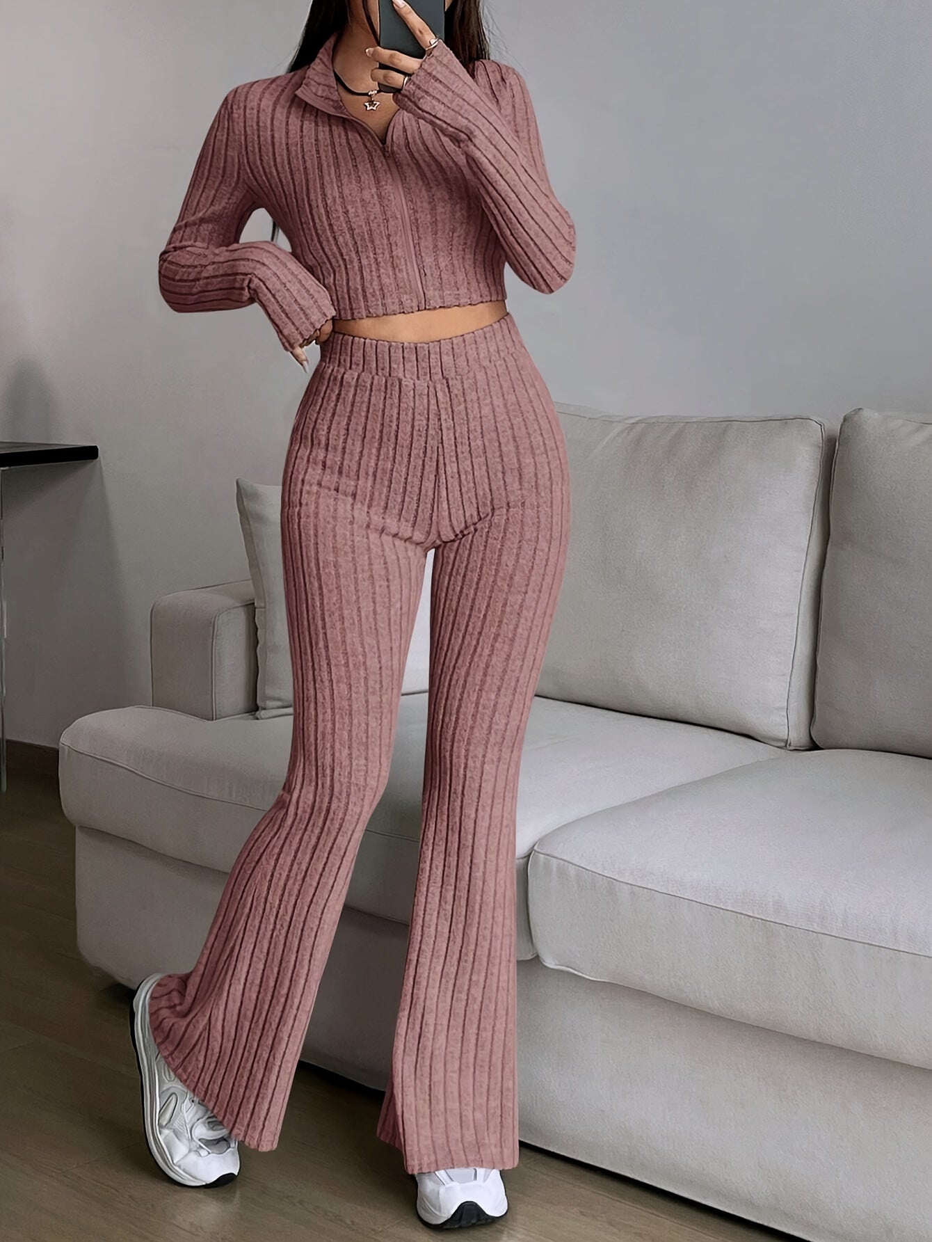Two-piece ribbed zip-up cropped jacket and flared pants lounge set for women