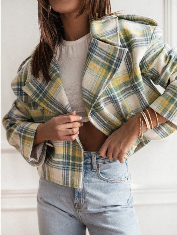 Women's British suit collar plaid print woolen coat
