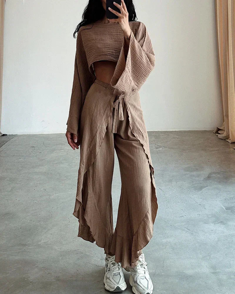 Women’s Two-Piece Set - Crop Top & Wide-Leg Pants - Bell Sleeve - High Waist Tie Front