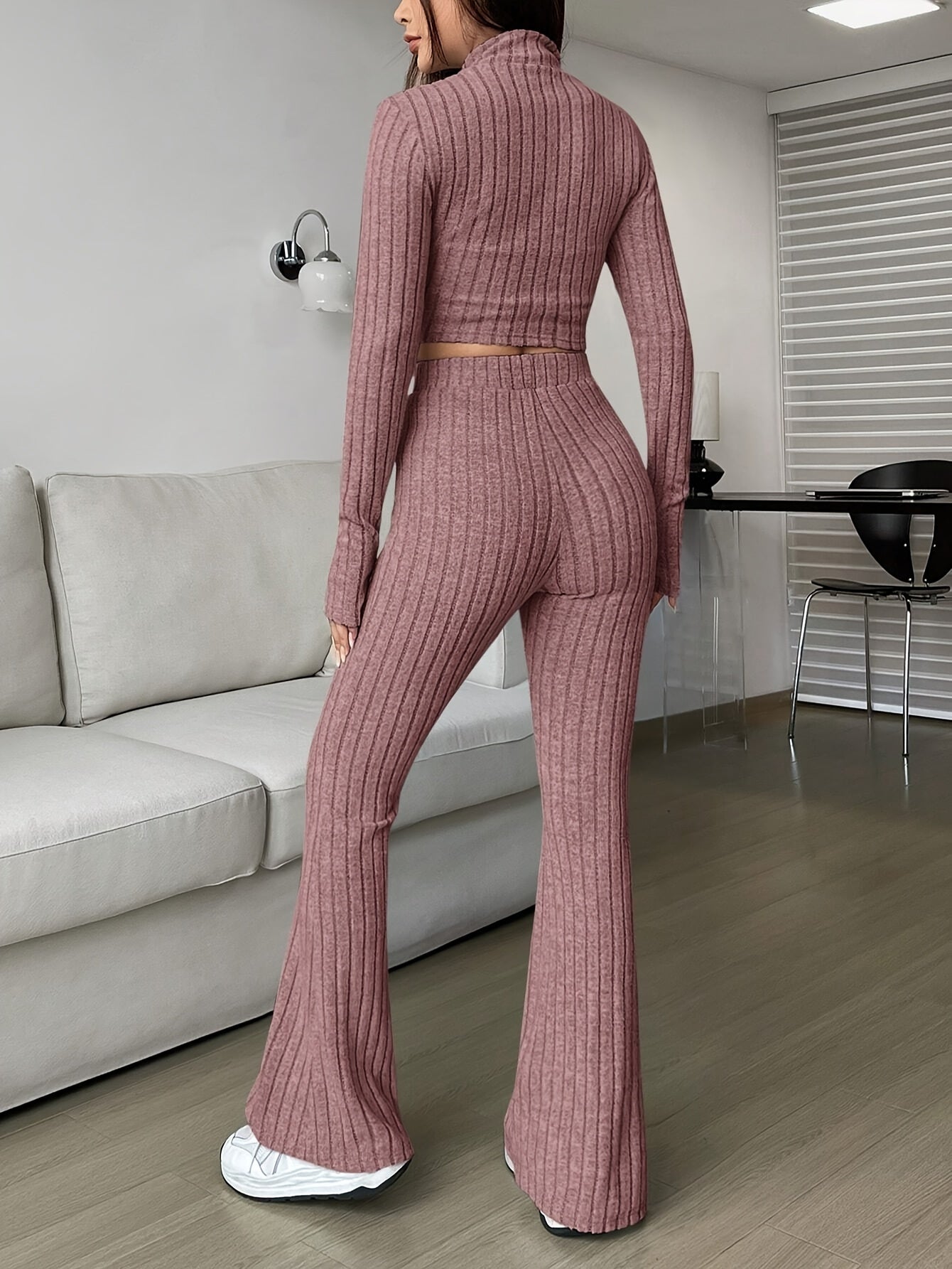 Two-piece ribbed zip-up cropped jacket and flared pants lounge set for women