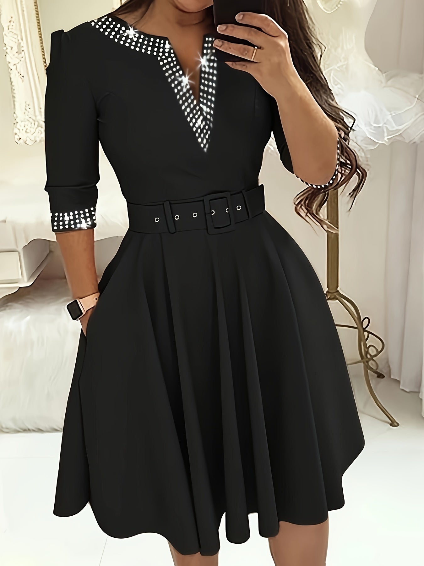 Embellished Belted V-Neck A-Line Dress