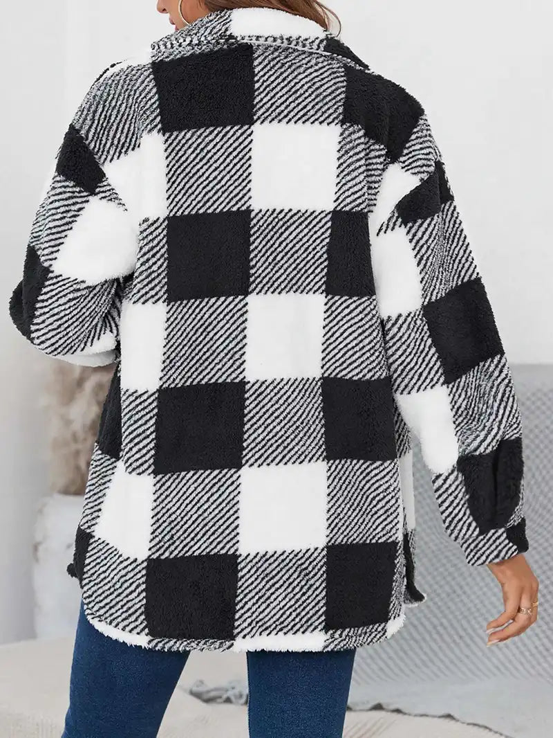 Women's plaid lapel long plush jacket coat