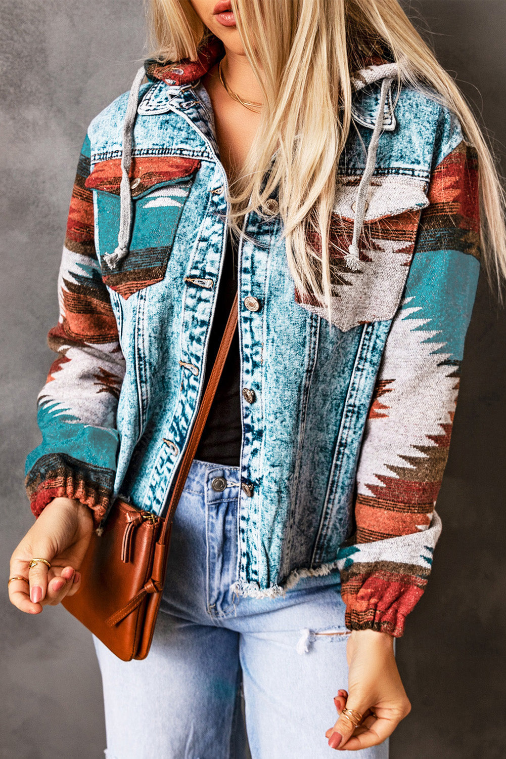 Elegant denim patchwork jacket with button-down design for women