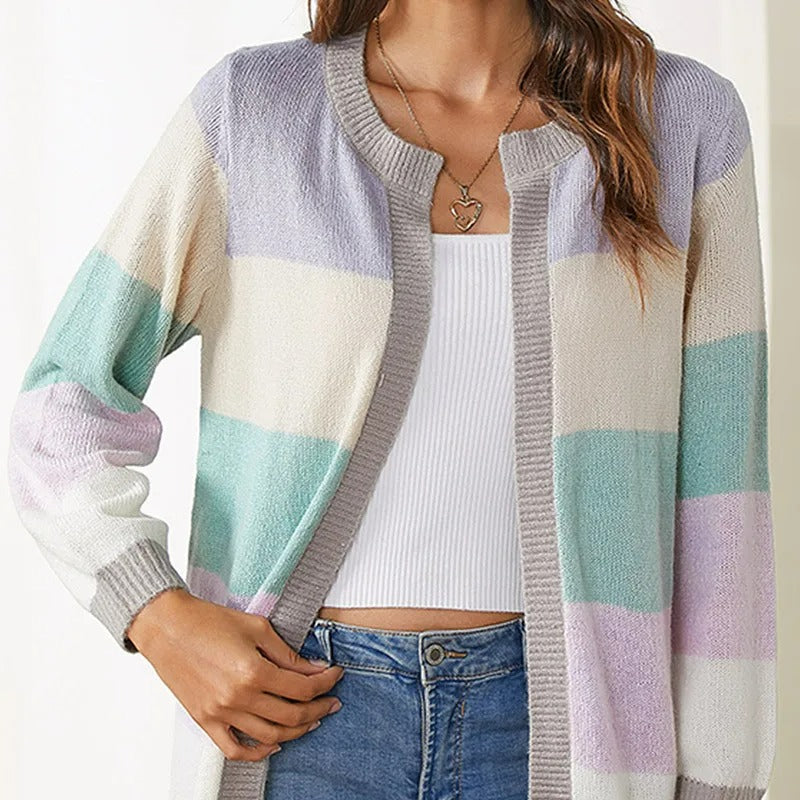 Women's Knitted Cardigan - Striped Pattern - Open Front - Ribbed Cuffs & Hem