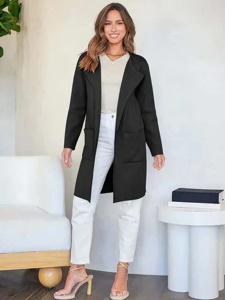 Women’s Open-Front Jacket – Relaxed Fit – Mid-Length – Long Sleeve with Patch Pockets