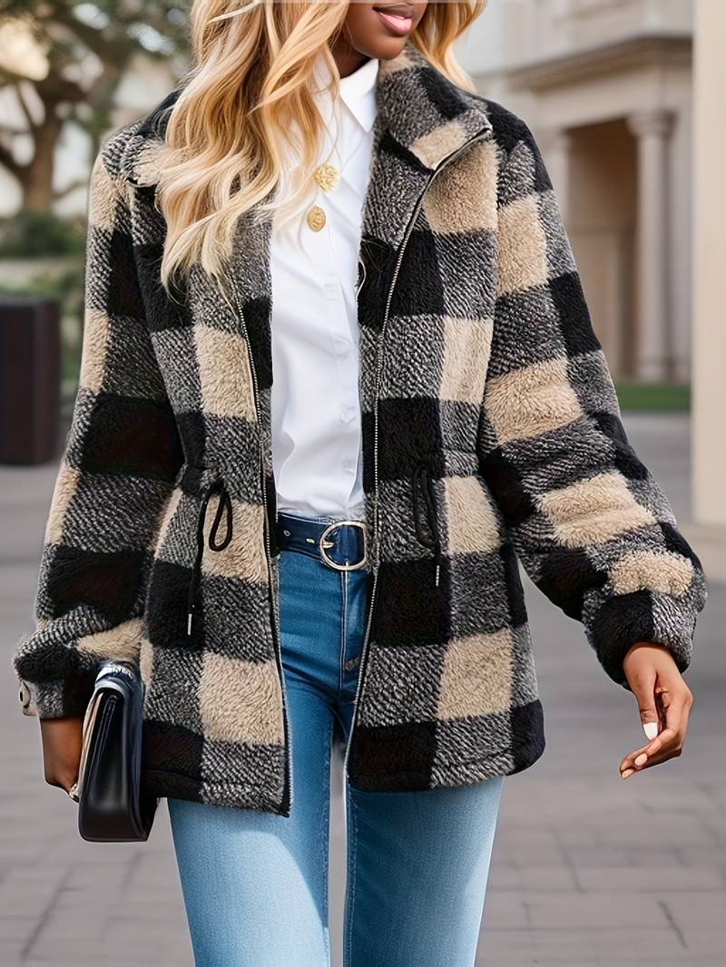 Women's checked teddy jacket with adjustable waist drawstring