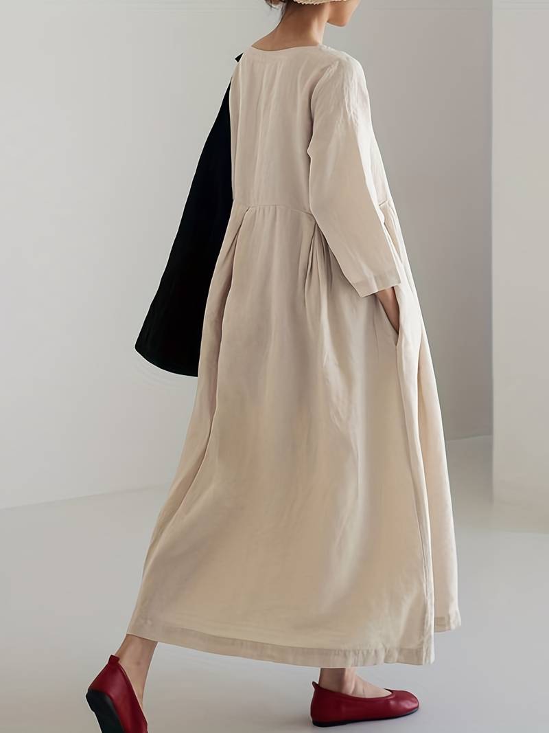 Women's Maxi Dress - Loose Fit - Pleated Skirt - Three-Quarter Sleeves - Flowy Elegant Style
