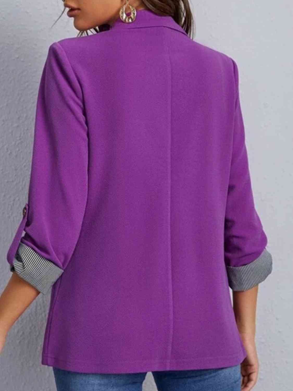 Women's Tailored Blazer - Notched Lapel - Three-Quarter Roll-Tab Sleeves - Open Front