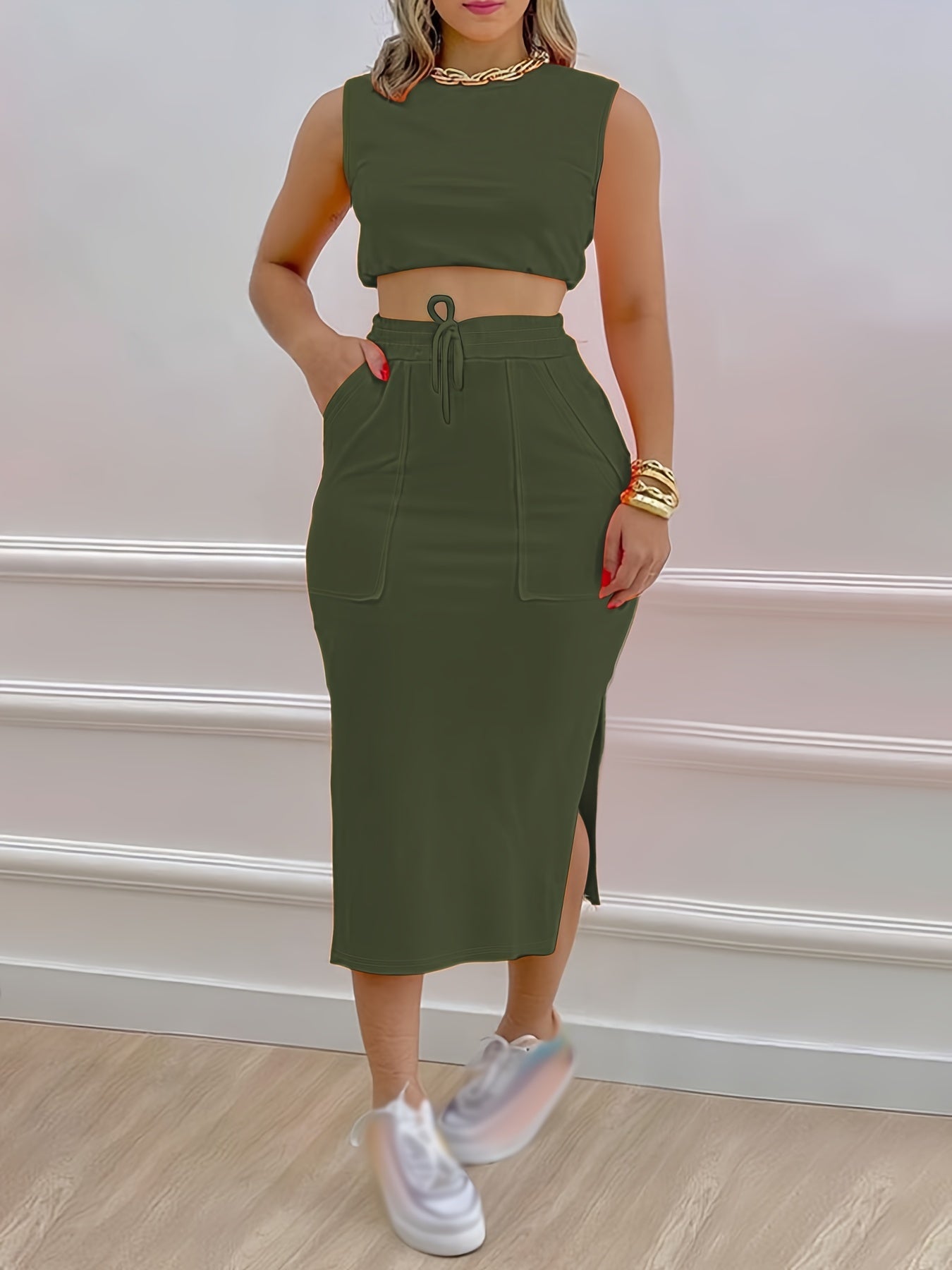 Two-piece sleeveless crop top and drawstring midi skirt set for women