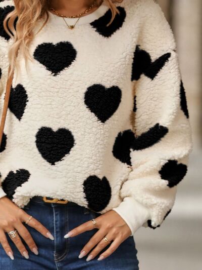Women's Fuzzy Sweater - Oversized Sherpa - Heart Pattern - Cozy Crew Neck