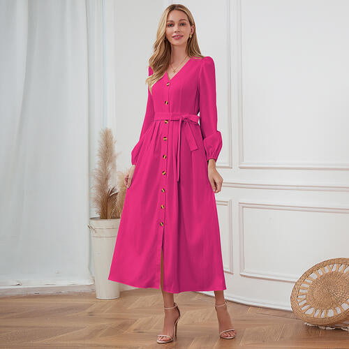 Women's Maxi Dress - V-Neck Button Front - Long Sleeve Tie Waist Flowy Fit