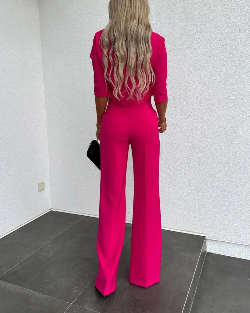 Women's casual 3/4 sleeve crop top and flare pants set