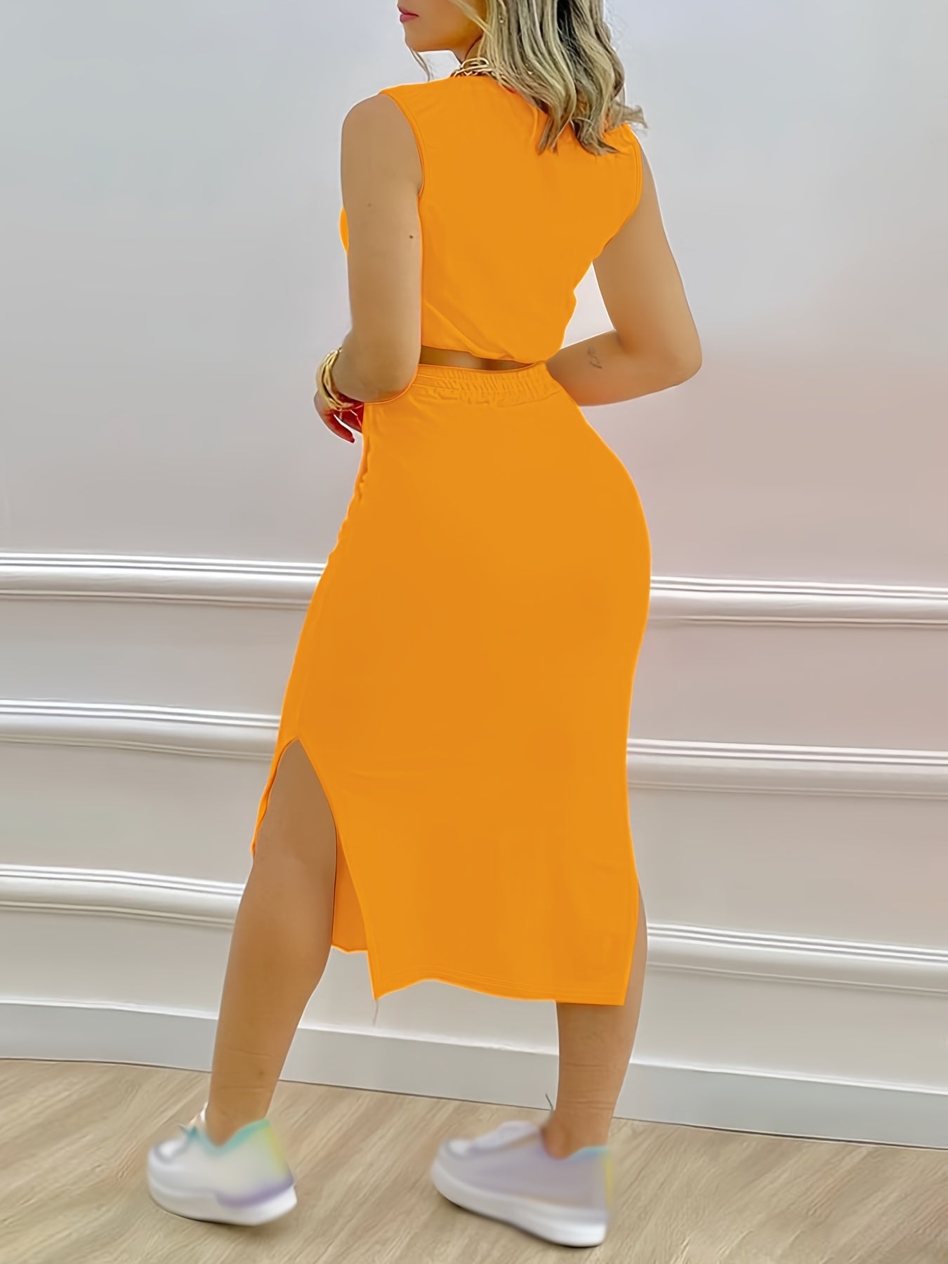 Two-piece sleeveless crop top and drawstring midi skirt set for women