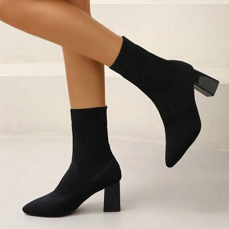 Women’s Ankle Boots - Knit Sock Style - Pointed Toe - Block Heel Comfort Fit