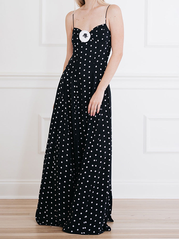 Polka dot V-neck sleeveless backless long dress for women
