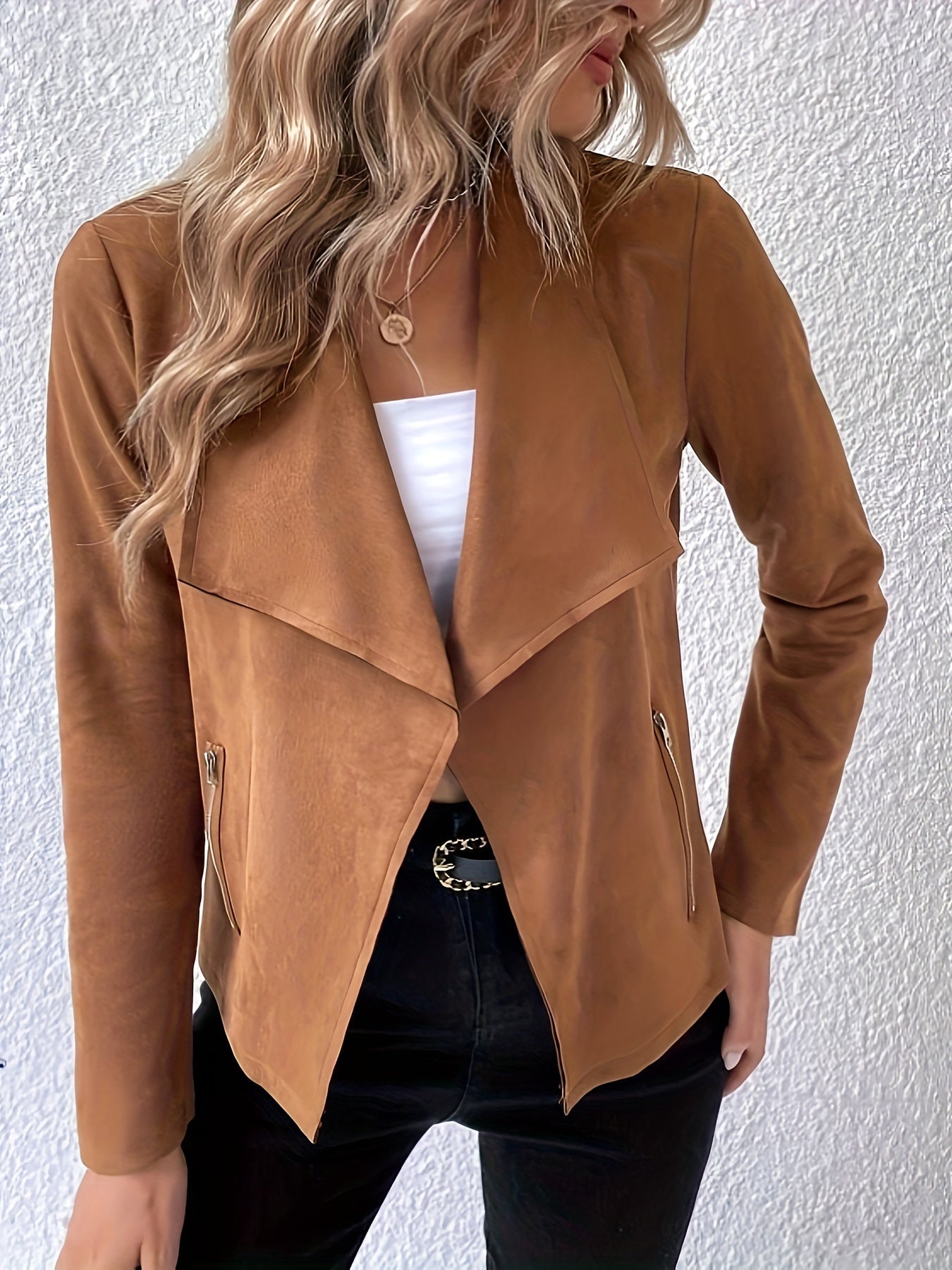 Women's jacket with waterfall collar and zip front pocket