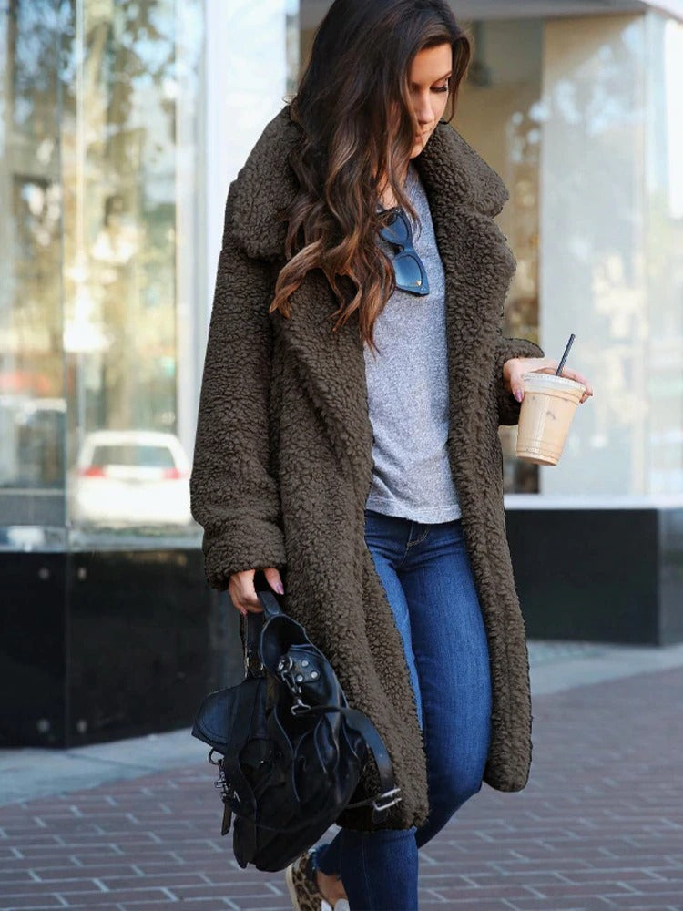 Women's lapel plush open front coat
