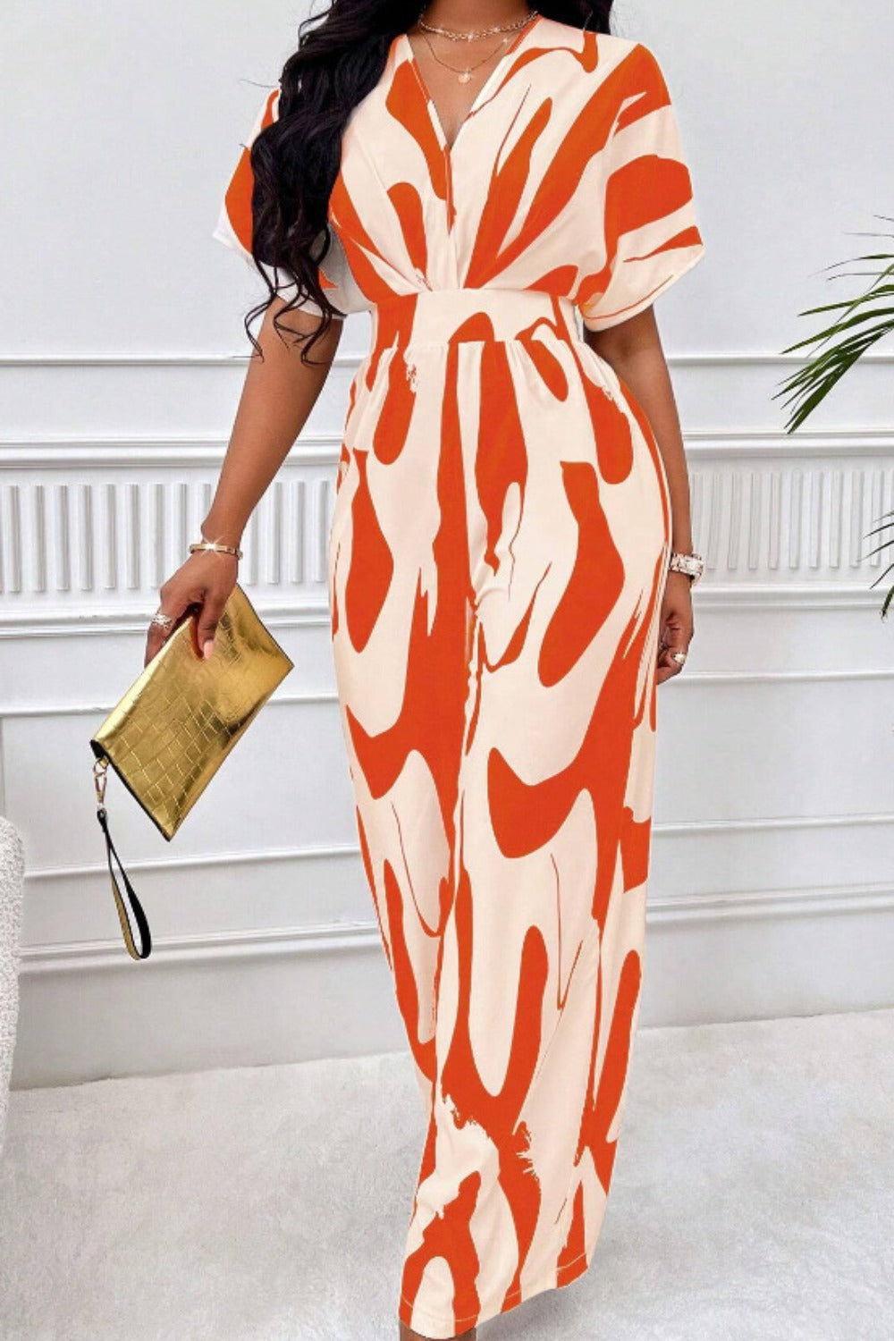Women's Jumpsuit - V-Neck - Short Sleeve - Wide Leg - Cinched Waist - Lightweight