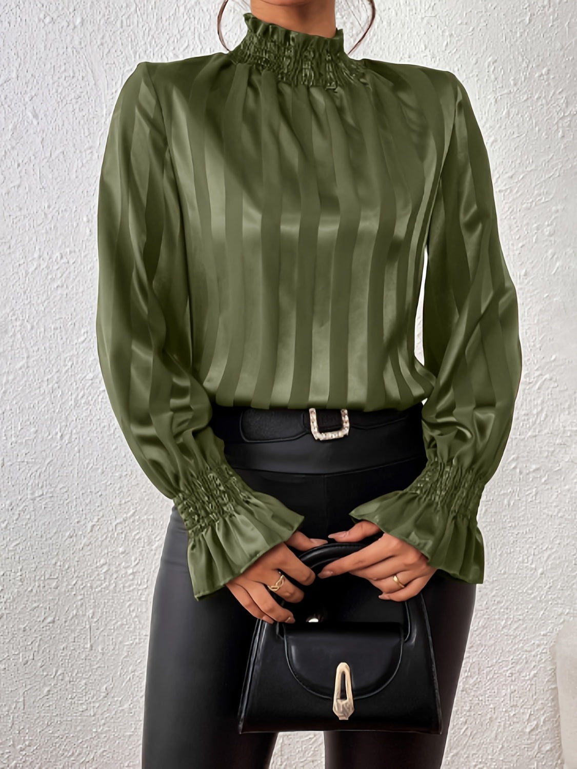 Women's Blouse - High Smocked Neck - Long Sleeve Ruffle Cuffs - Glossy Finish