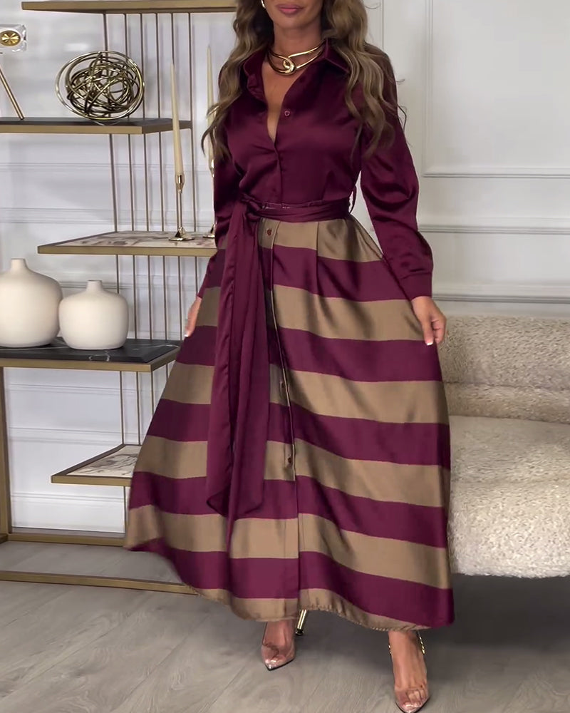 Belted Striped Flowing Button-Up Maxi Dress