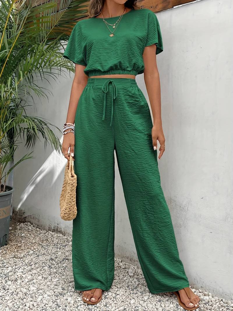 Two-piece wide-leg pants and crop top set for summer women