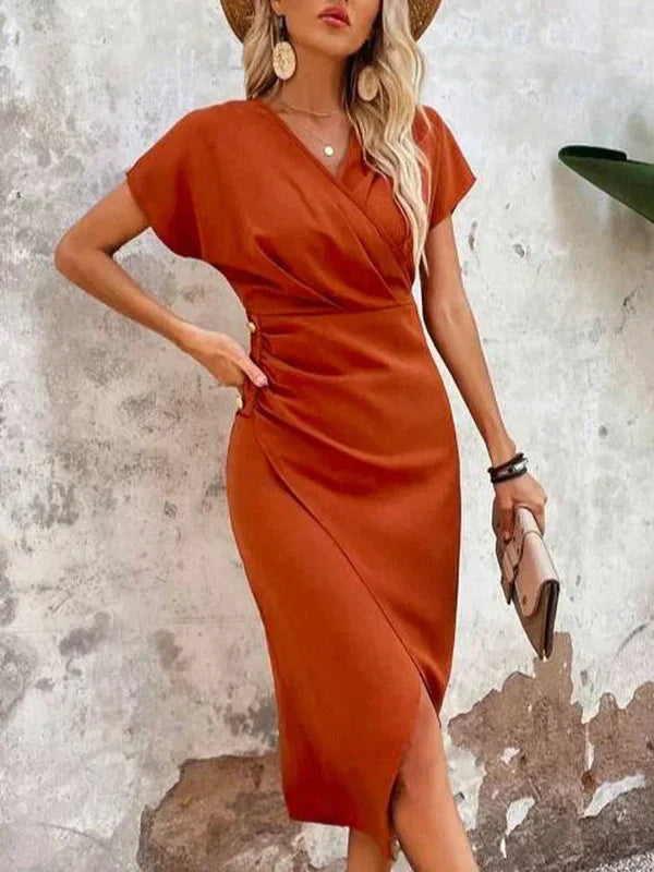 Women's Midi Dress - Wrap V-Neck - Short Sleeve - Form-Fitting with Side Slit