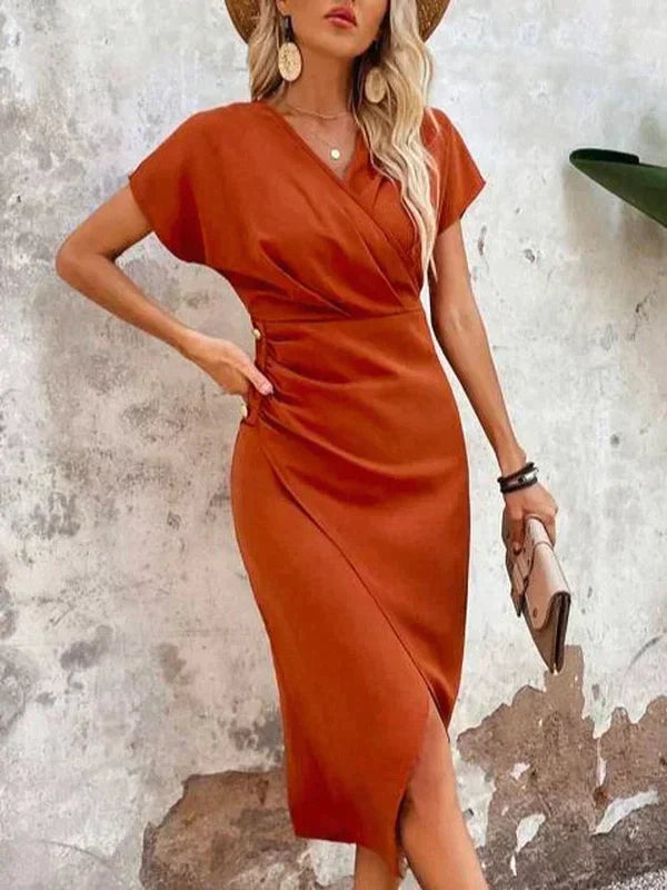 Ruched Waist Slit Wrap Midi Dress