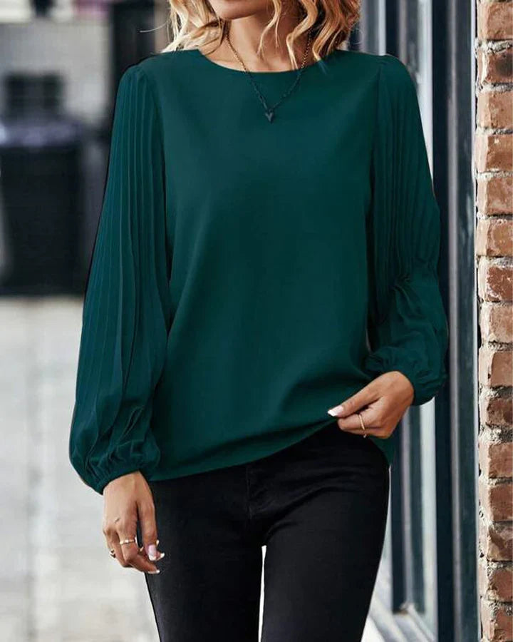 Women's pleated lantern sleeve round neck casual vacation top