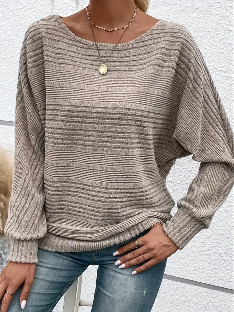 Women’s Knitted Sweater - Relaxed Fit - Drop Shoulder - Ribbed Texture - Bateau Neckline
