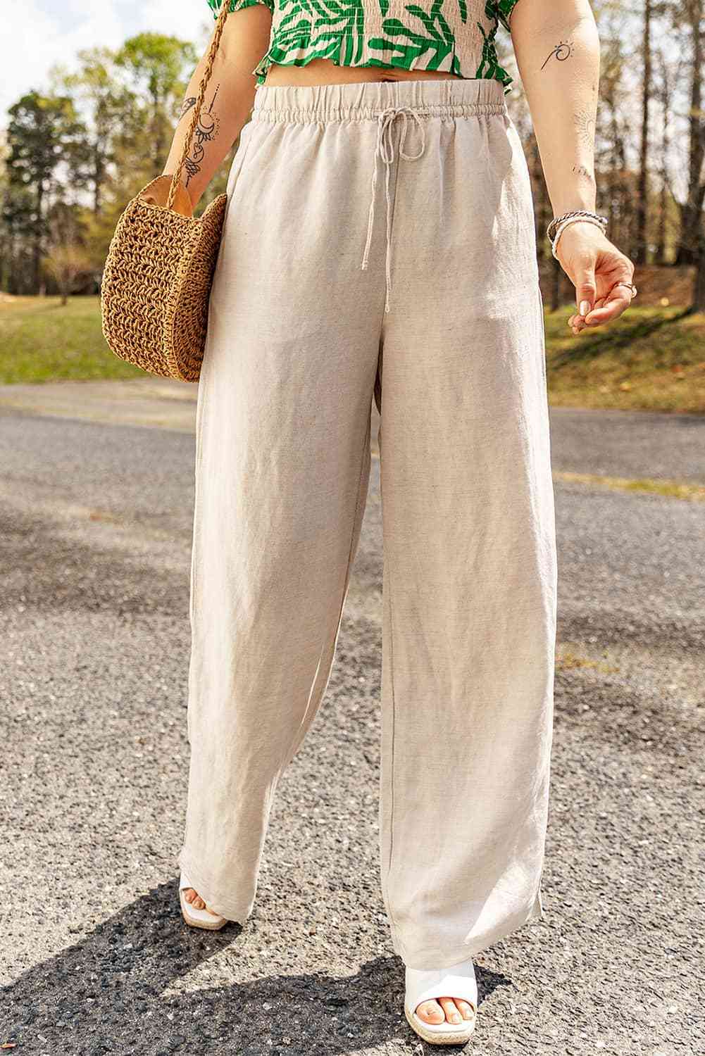 Cotton Linen Blend Relaxed Fit Wide-Leg Pants