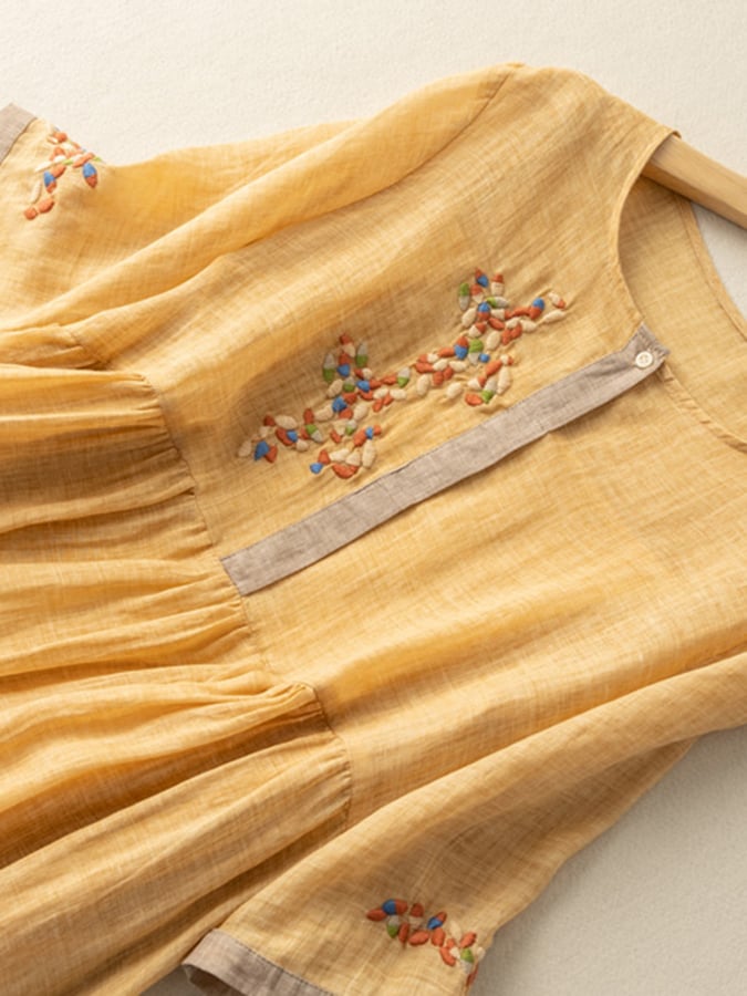 Women's Embroidered Dress - Midi Length - Three-Quarter Sleeve - Relaxed Fit