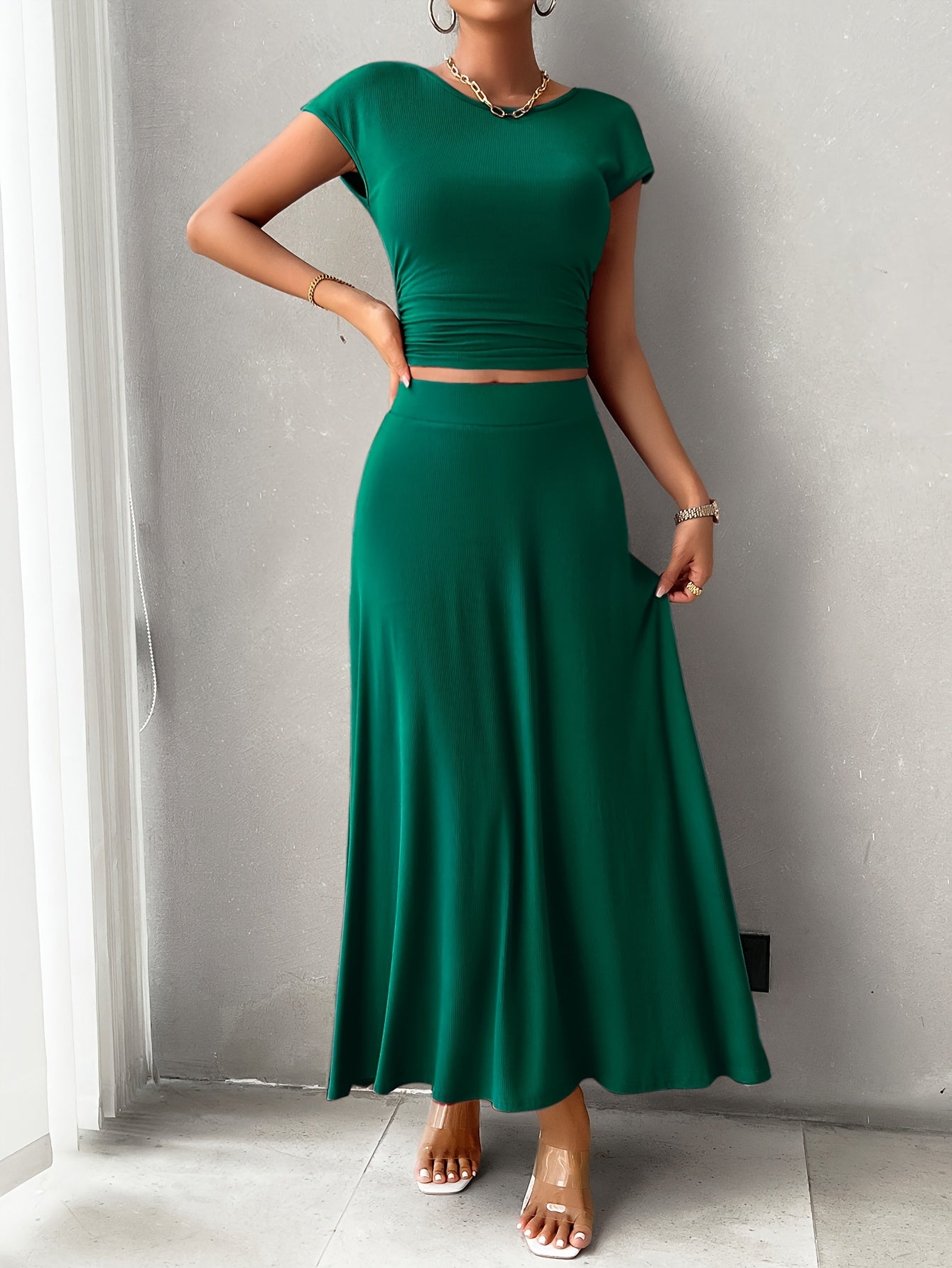 Women's A-Line Dress - Ribbed Knit - Fitted Bodice - Cap Sleeve Elegant Style