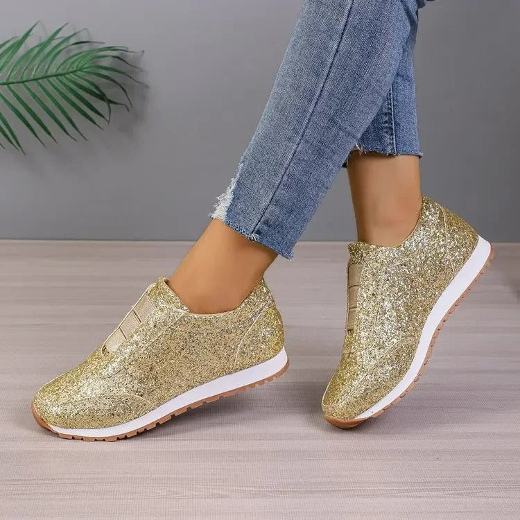 Women's Slip-On Sneakers - Glitter Finish - Round Toe - Casual Comfort Rubber Sole
