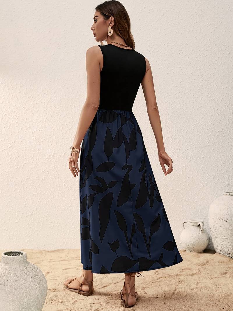 Women's Sleeveless Maxi Dress - Fitted Top - Flowy Botanical Print Skirt - Lightweight
