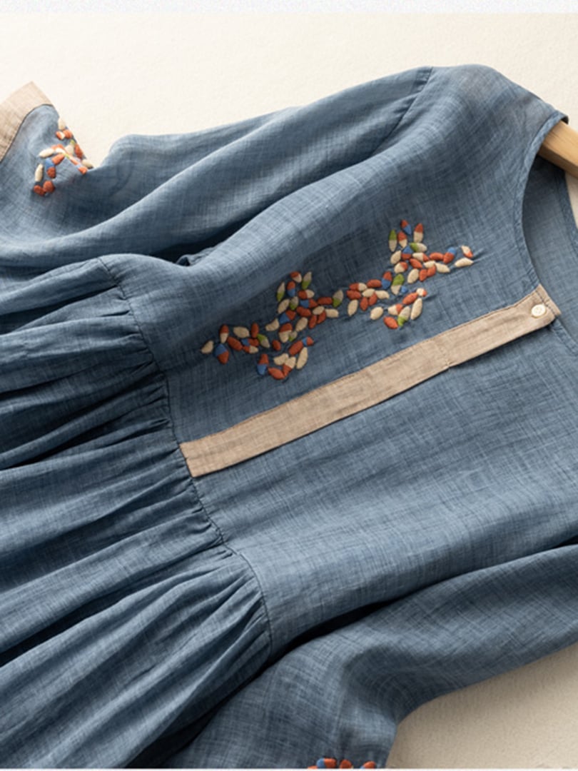 Women's Embroidered Dress - Midi Length - Three-Quarter Sleeve - Relaxed Fit