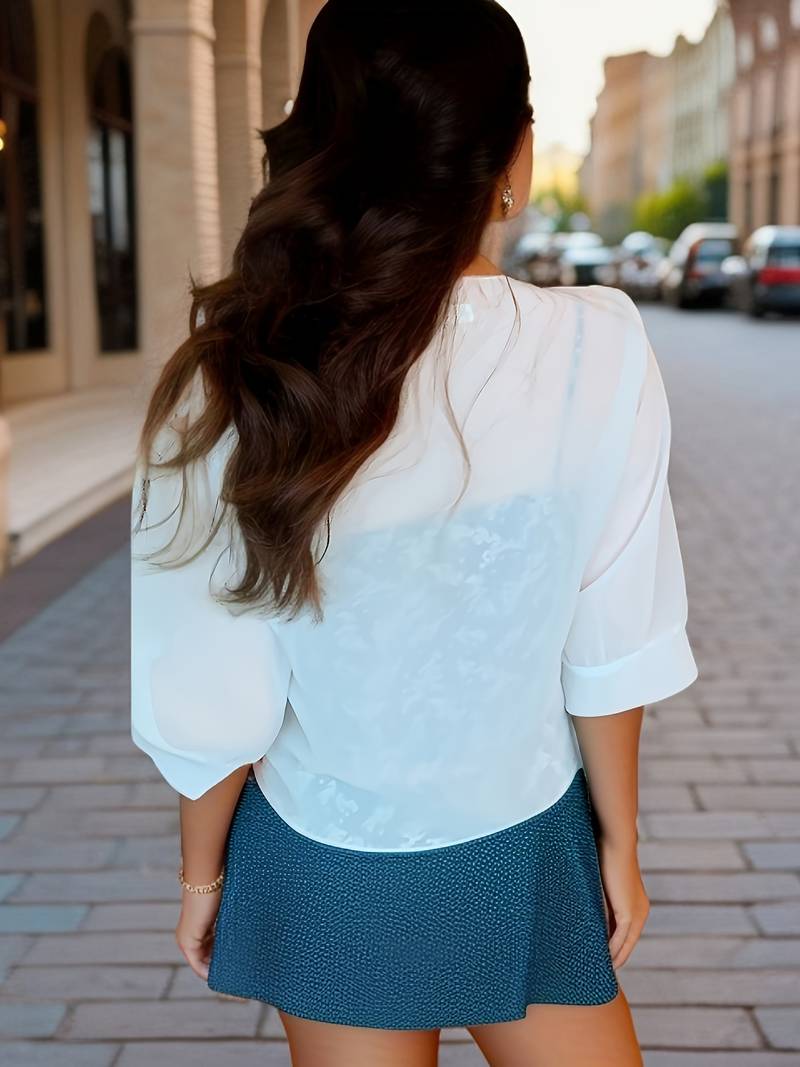 Women's Bolero Jacket - Open Front Tie Closure - Three-Quarter Sleeve Layering Piece