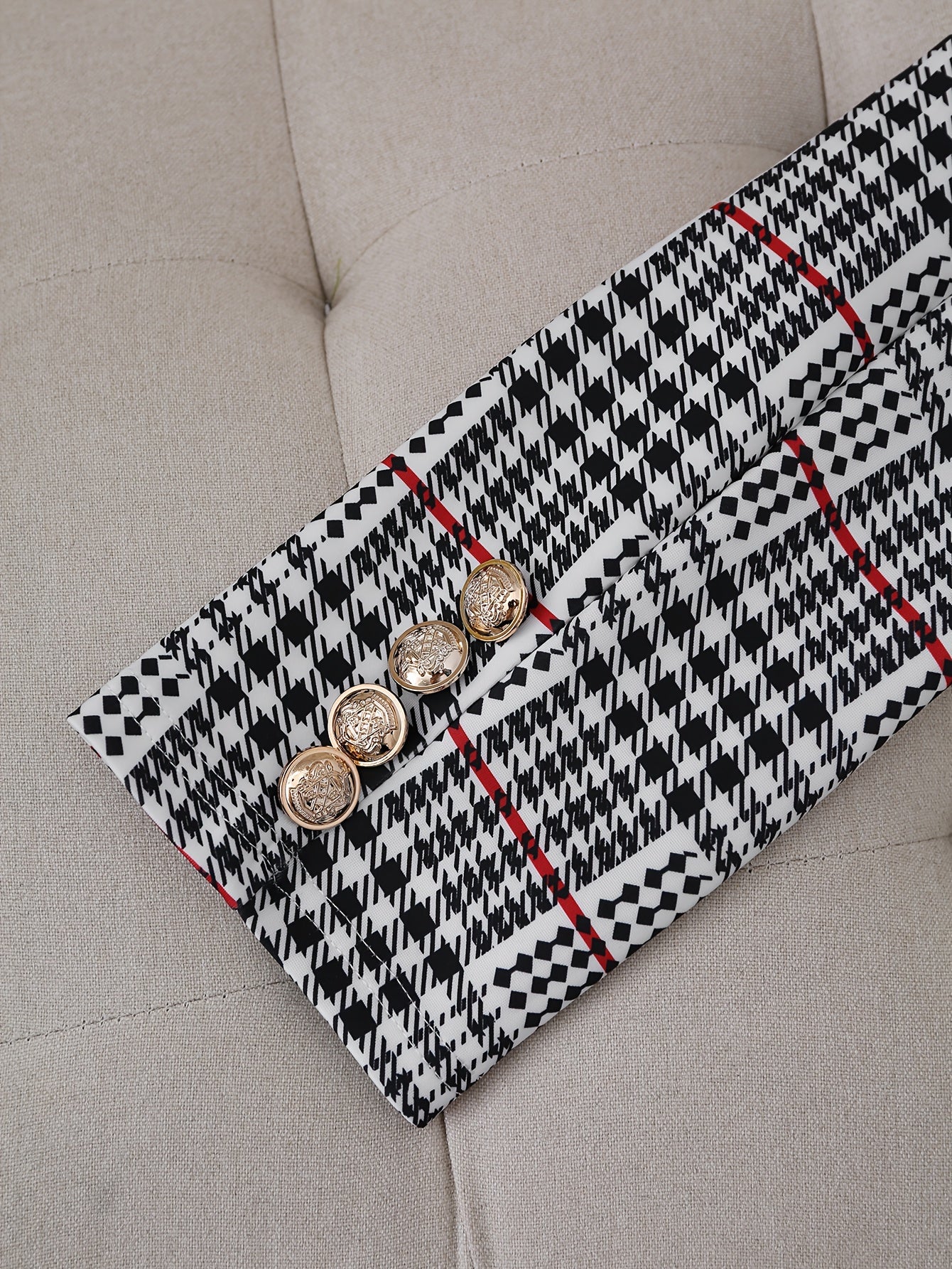 Two-piece plaid blazer and mini skirt set with gold buttons for women