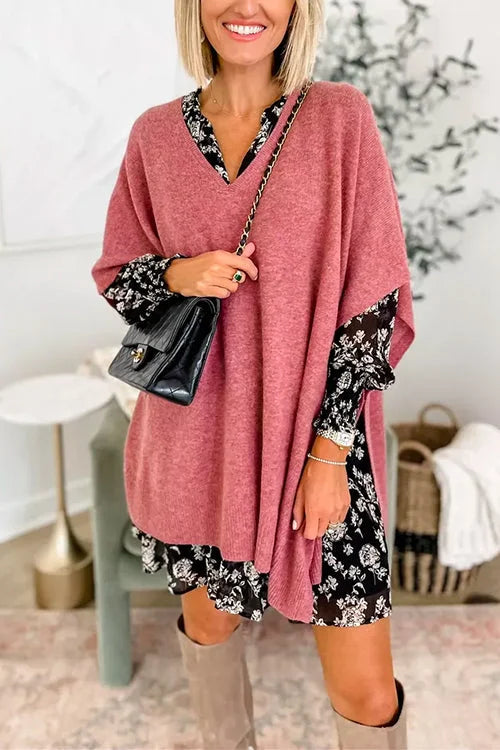 Women's Poncho Top - Loose Fit - Soft Knit - V-Neck Flowy Draped Style