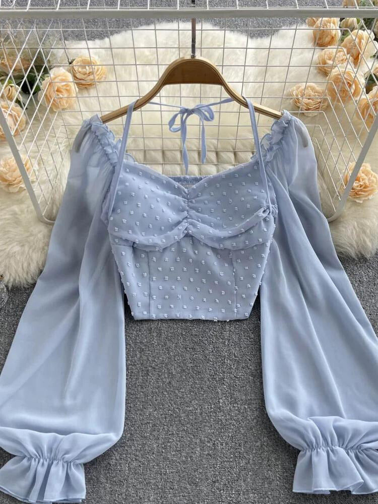 Sheer Sleeve Fitted Textured Crop Blouse
