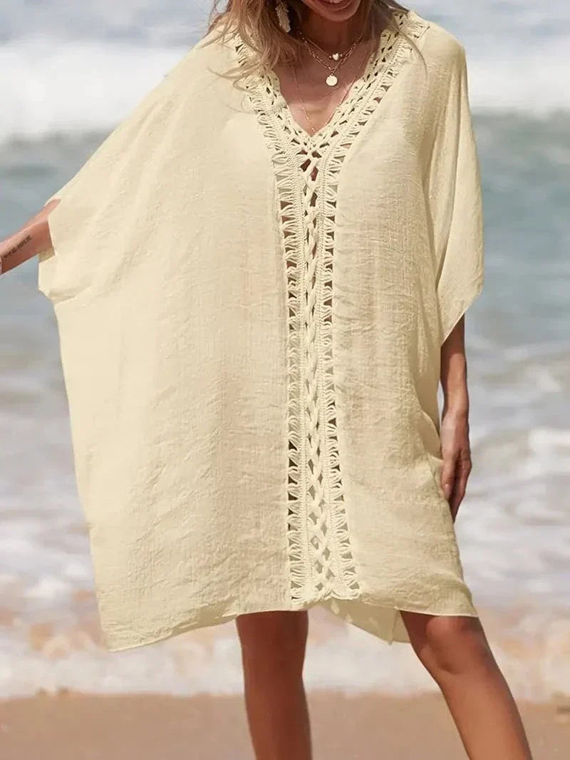 Women’s Kimono Cover-Up – Relaxed Fit – Natural Fibers – Lace Trim – Short Sleeve