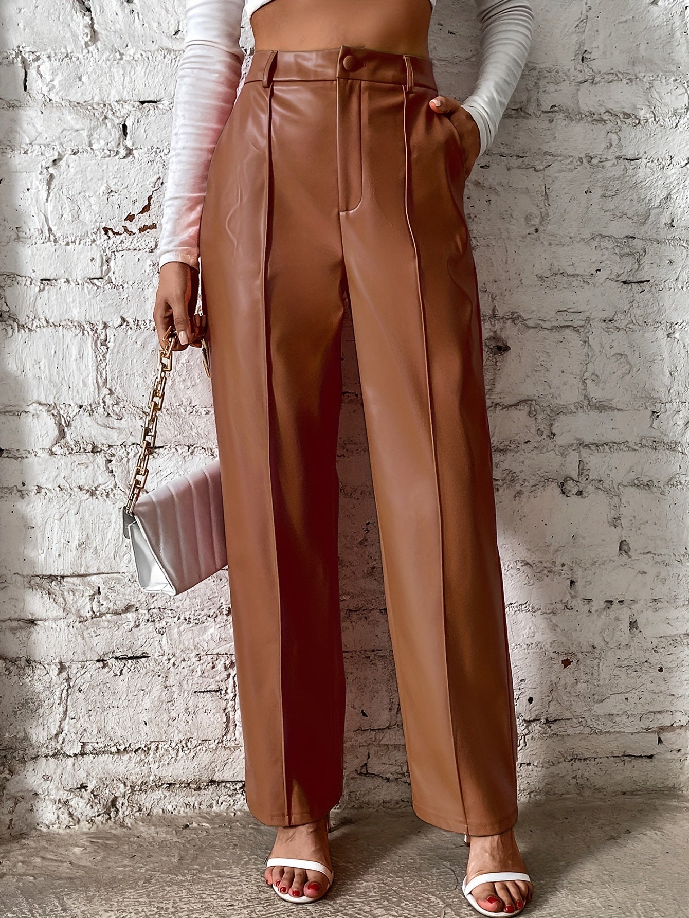 High-Waist Straight Solid Casual Pants