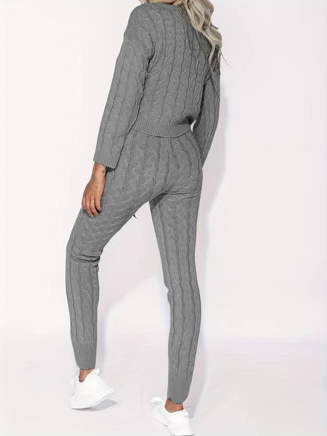 Women’s Lounge Set - Cable Knit - Off Shoulder Sweater - High Waist Tapered Pants