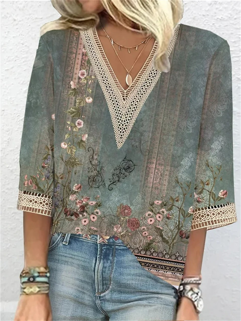 Women's V-Neck Blouse - Lace Trim - Three-Quarter Sleeve - Relaxed Fit Elegant Style