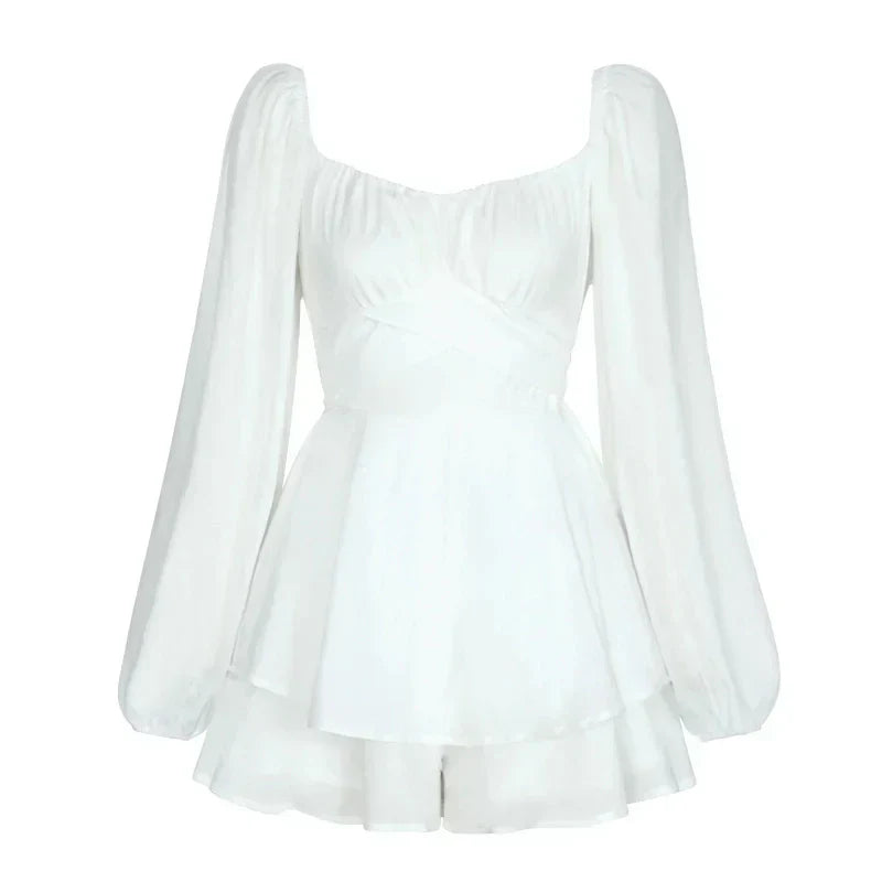 Women's Romper - Square Neckline - Long Puff Sleeves - Tiered Ruffled Skirt